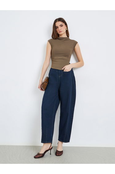 Women Brown Knit Mock Neck Sleeveless Top