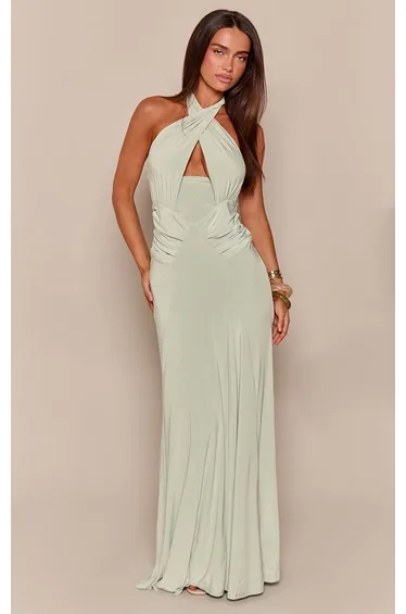 Sage Double Layer Slinky Cross Halterneck Maxi Dress