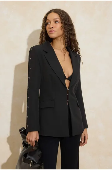 Black Sleeves Eyelet Detail Woven Fitted/Bodycon Blazer Jacket
