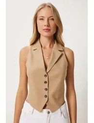Women's Biscuit Shawl Collar Woven Vest - 1
