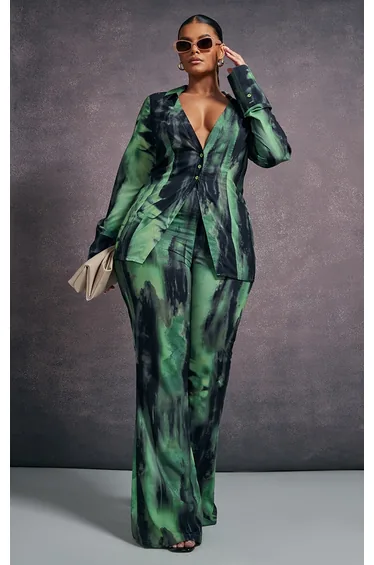Plus Green Grunge Print Chiffon Flare Trousers