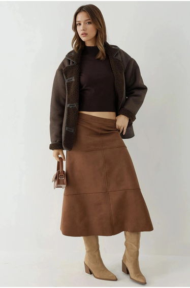 High Waist Suede Long Skirt with Zipper Closure