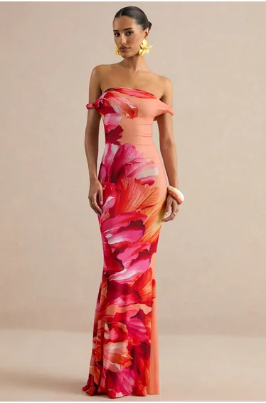 Katia | Hot Pink Placement Floral Print Asymmetric-Neck Maxi Dress