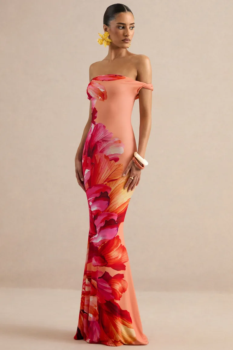 Katia | Hot Pink Placement Floral Print Asymmetric-Neck Maxi Dress - 3