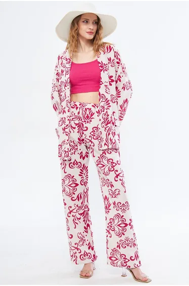 Women's Fuchsia Dio Kimono Patterned Belted Pocket Detailed Linen Look