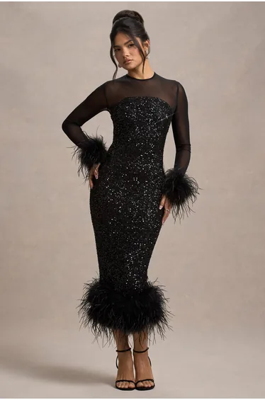 فستان ميدي بأكمام طويلة بحواف ريش مزين بالترتر