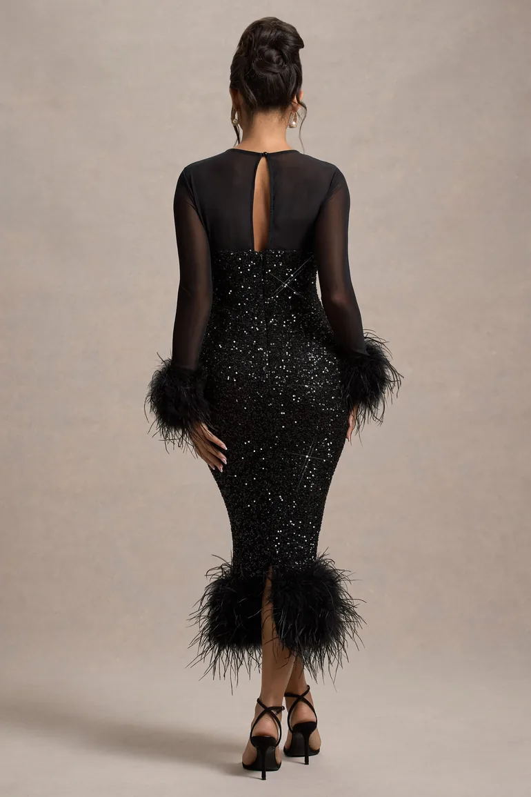 Shop Afterglow | Black Sequin Long-Sleeve Midaxi Dress With Feather Trims  Online in Oman