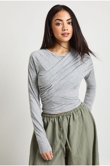 Ruched Panel Long Sleeve Top - grey