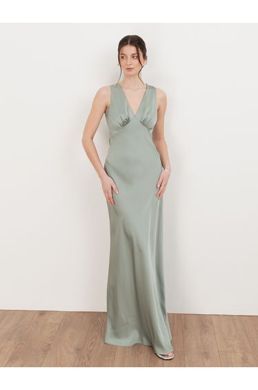 Maya Sage Green Sleeveless V Neck Satin Maxi Dress