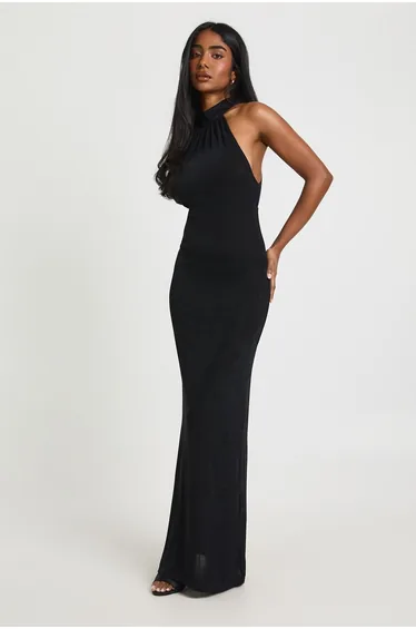 Acetate Slinky Halterneck Midi Dress - black