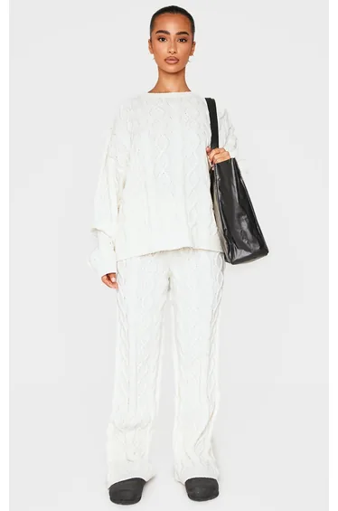 Petite Cream Cable Knit Wide Leg Trousers