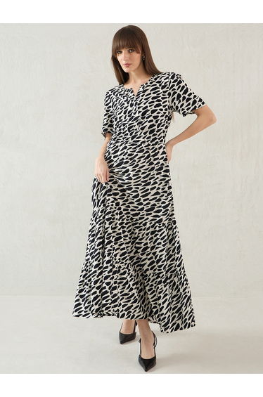 Abstract Print Short Sleeve Tiered Dress