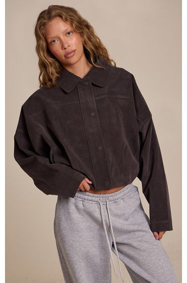 Grey Faux Suede Covered Placket Bomber Jacket