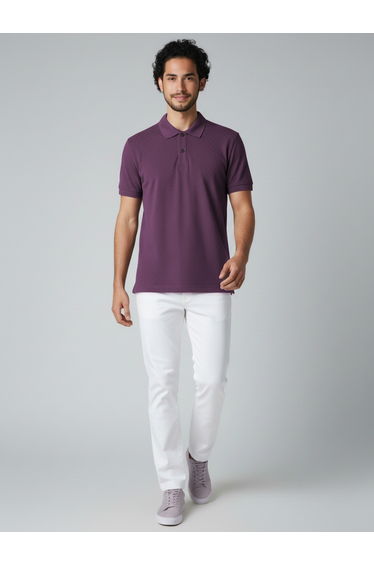 Men Purple Textured Short Sleeve Polo
