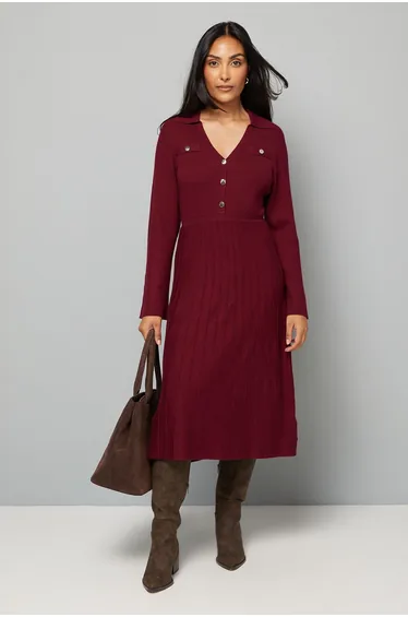 فستان محبوك بكسرات بأزرار لون أحمر - للمقاسات الصغيرة