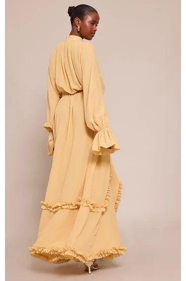Mustard Chiffon High Neck Frill Detail Maxi Dress