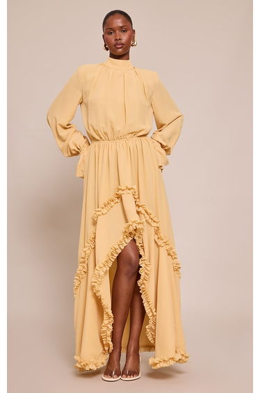 Mustard Chiffon High Neck Frill Detail Maxi Dress