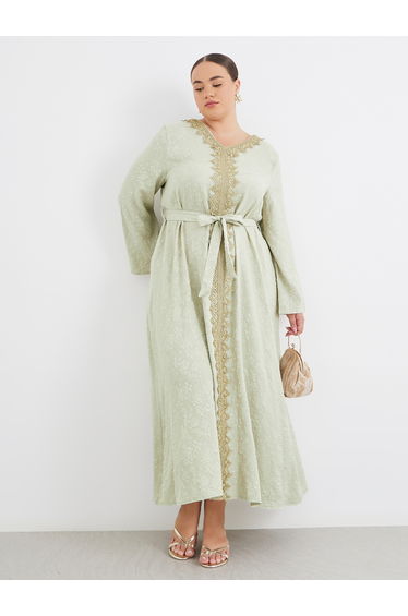Plus Green Jacquard Kaftan with Lace Trim
