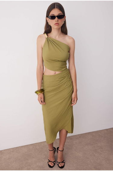 Khaki Waist Cut-out Detailed Woven Dress