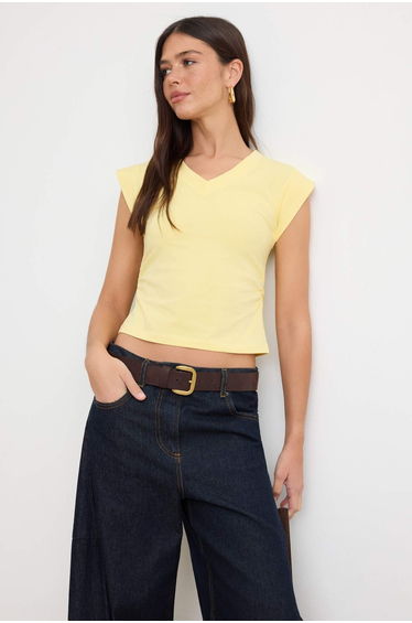 Yellow Regular/Normal Fit V-Neck Ay Sleeve Short Sleeve Cotton Rib Knit Knitted T-Shirt