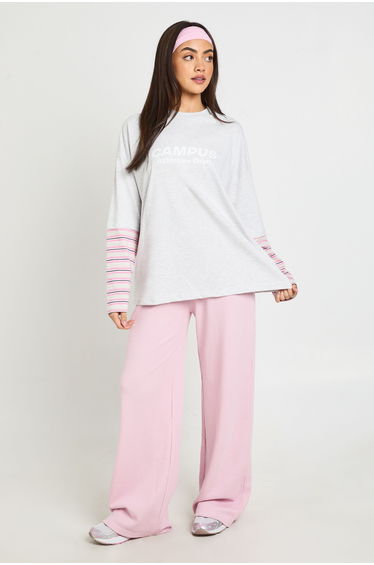 Stripe Sleeve Double Layer Oversized Graphic T-Shirt - grey