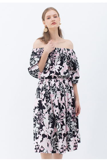 Summer Floral Print Pleated Midi Skirt in Black
