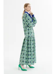Gathered Hem Front Buttoned Lace-Up Collar Patterned Long Green Dress - 3