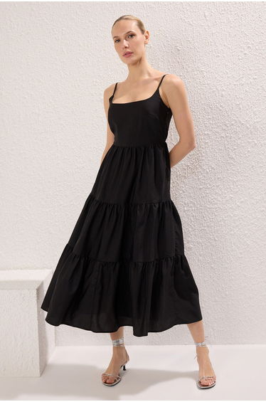 Black Cotton Blend Maxi Woven Dress with Open Waist Skirt