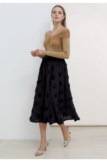 3D Rose Openwork Cotton Midi Skirt in Black