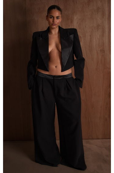 PLT Label Plus Black Satin Waistband Wide Leg Trousers