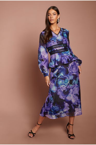 Printed Long Sleeve V Neck Peplum Midi Dress