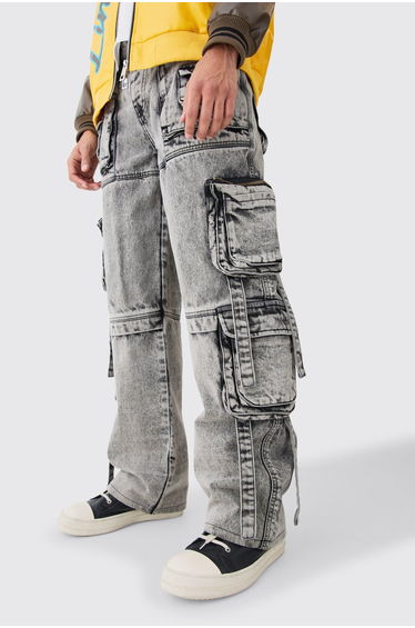 Baggy Rigid Multi Cargo Pocket Strap Detail Acid Wash Jeans - charcoal