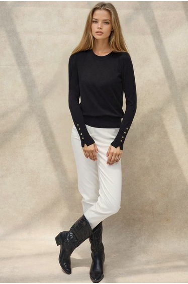 Crew Neck Button Detailed Knit Sweater
