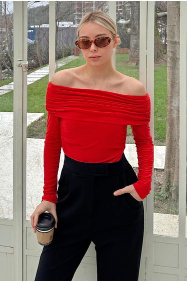 Red Fels Draped Madonna Neck Open Shoulder Women's Blouse