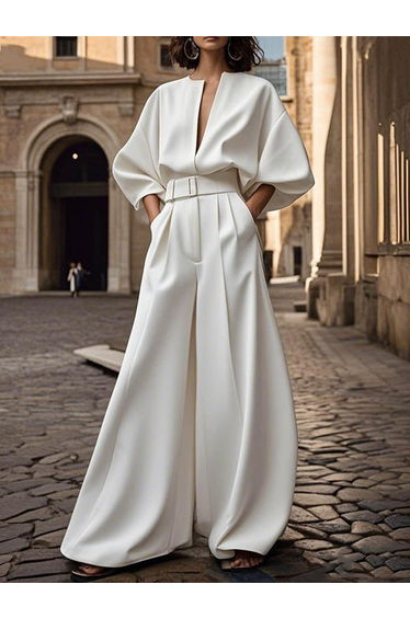 Half Sleeves Loose No Belt Solid Color Deep V-Neck Jumpsuits