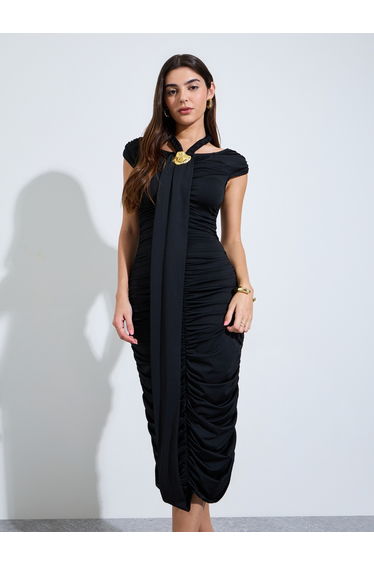 Black Ruched Midi Dress with Metal Decor