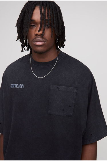 Tall Oversized Boxy Batwing Heavyweight Washed Distressed Slogan Pocket T-Shirt -