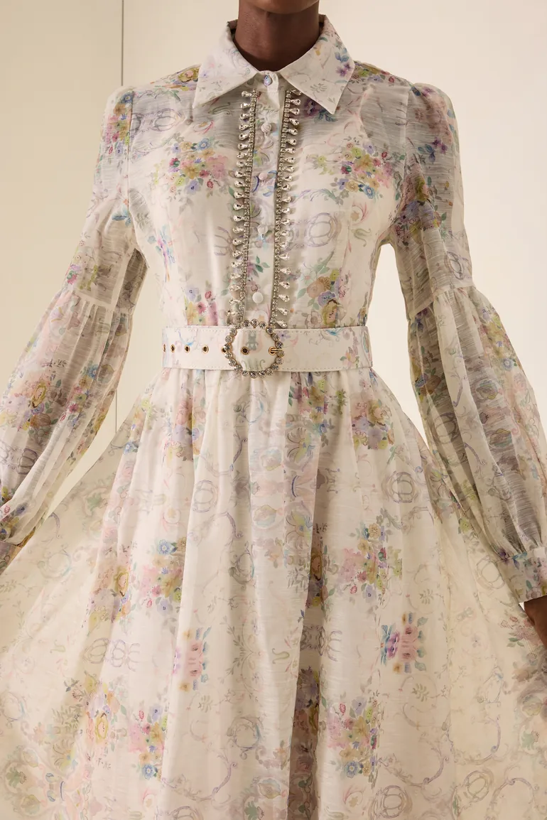 Floral Rhinestone Rivets Midi Dress With Belt - 6