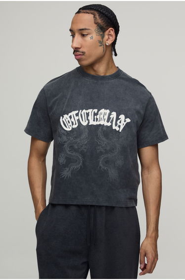Shrunken Fit Ofclman Applique Dragon Washed T-Shirt - charcoal
