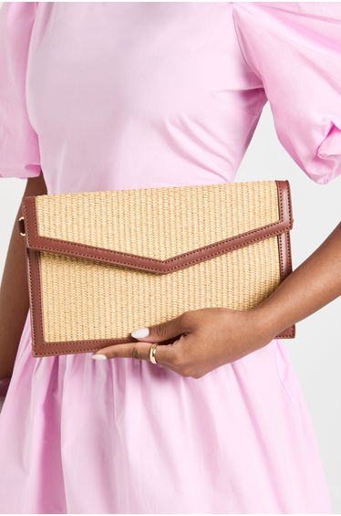 Contrast Raffia Clutch Bag With Detachable Handle - tan