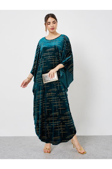 Emerald Green Velvet Kaftan with Gold Foil Print