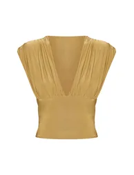 Golden Olive Double Layer Slinky Drape Plunge Long Top - 4