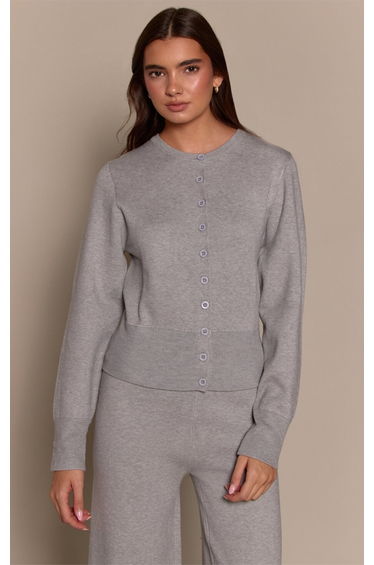 Grey Marl Compact Knit Placket Detail Cardigan