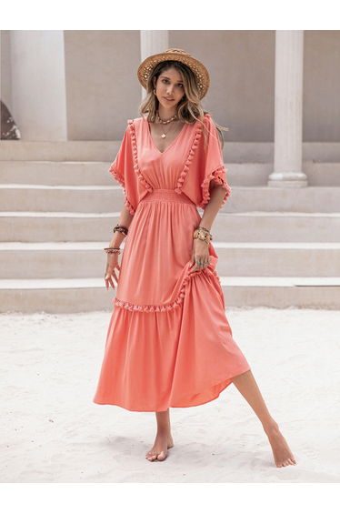 Tassel Detail V Neck A-Line Midi Dress