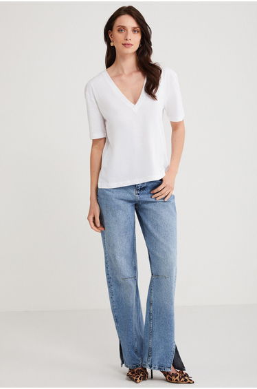 Aline Women's 100% Organic Cotton Regular Fit Regular Pattern V-Neck Basic White T-shirt