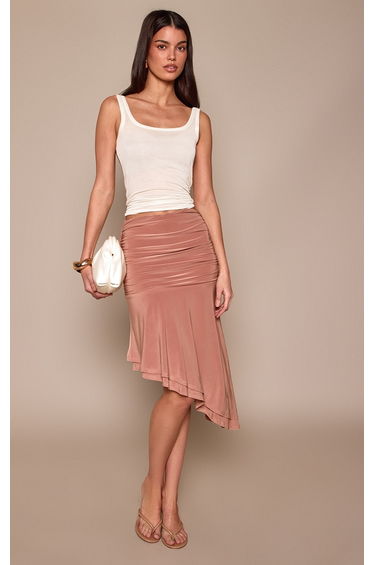Taupe Slinky Drop Waist Asymmetric Midi Skirt