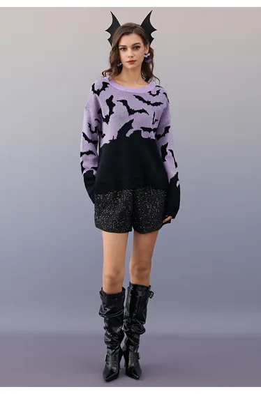 Nightly Dancing Bats Crew Neck Knit Sweater
