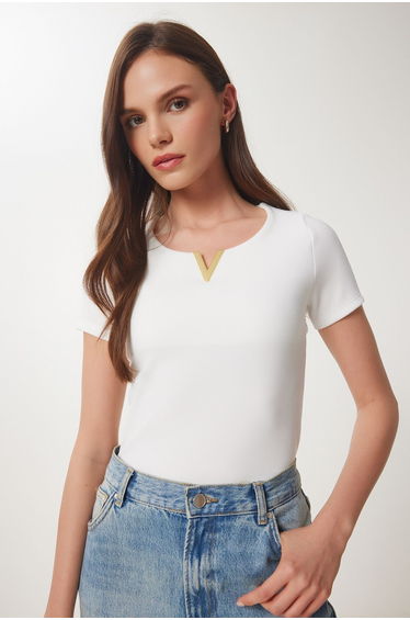 Women's Bone Gold Accessory Ribbed Knitted Blouse