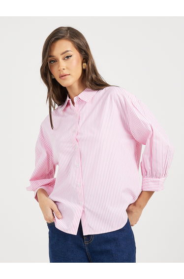Striped Buttoned Down 3/4th Balloon Sleeves Shirt