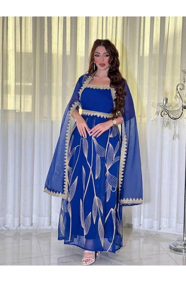 Women Blue Cape Sleeve Embroidered Maxi Dress